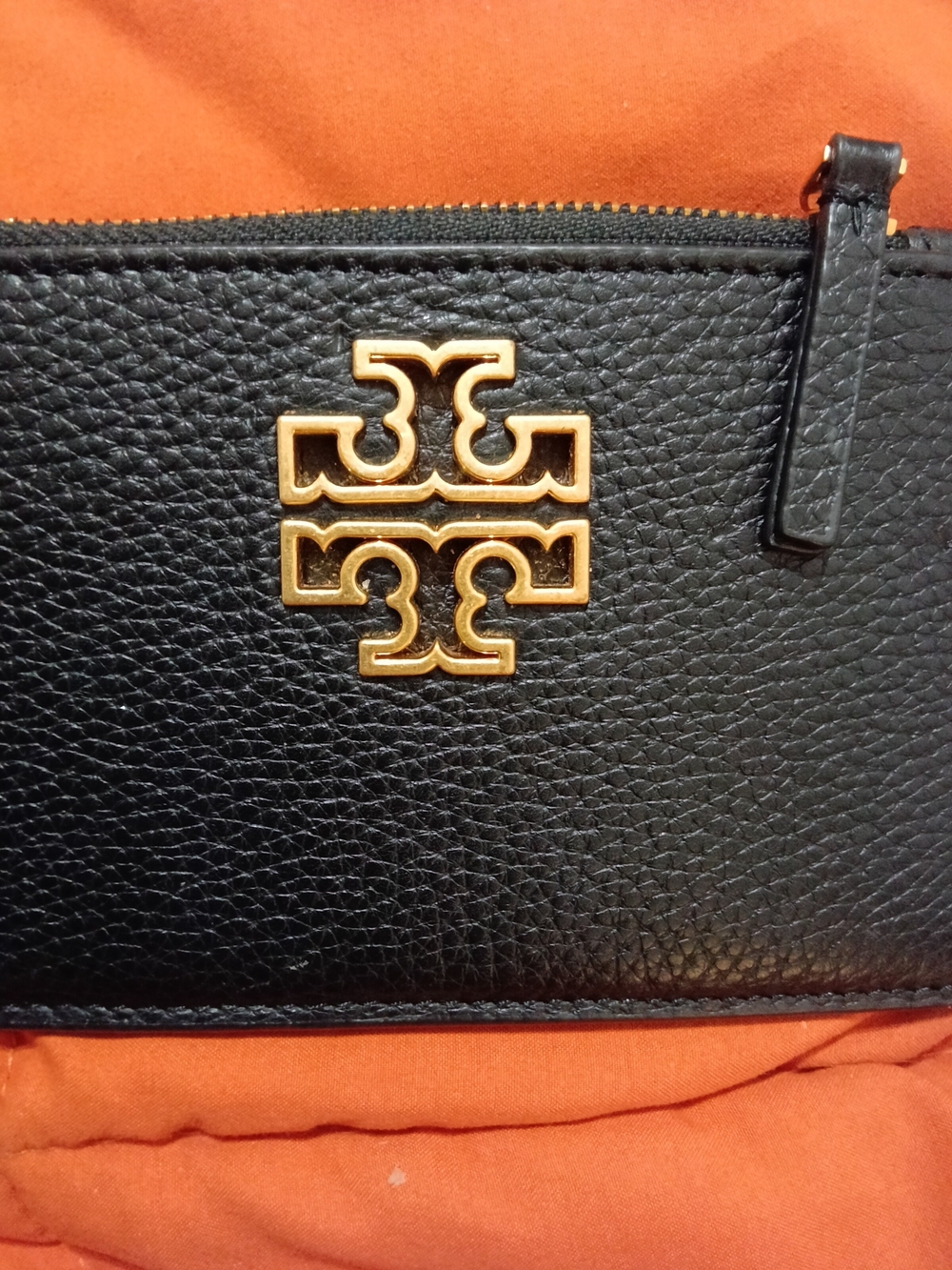 Tory Burch Britten Black Leather Zip Card Case with Gold Logo